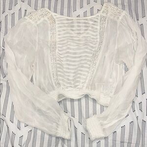 UO White Lace-Trim Sheer Cropped Blouse